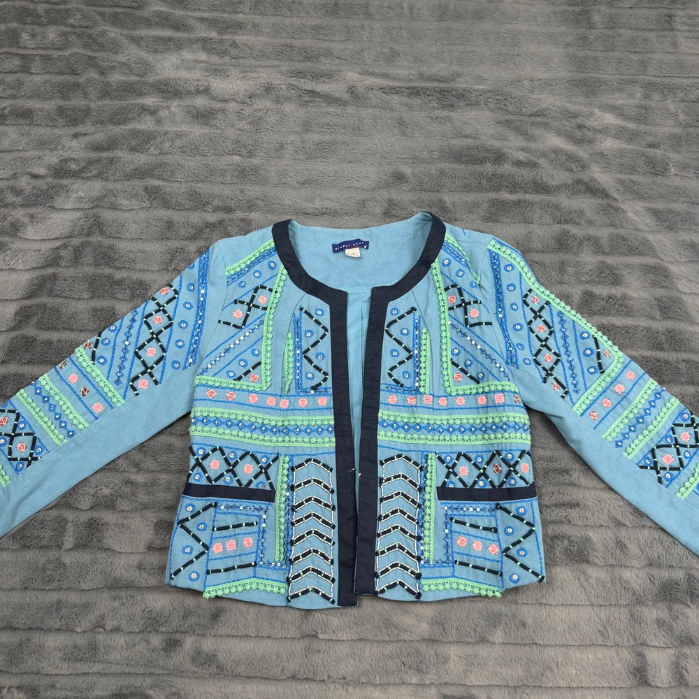 Simply Styled Blue Embroidered Beaded Open Front Jacket Small Boho Sequin Cotton